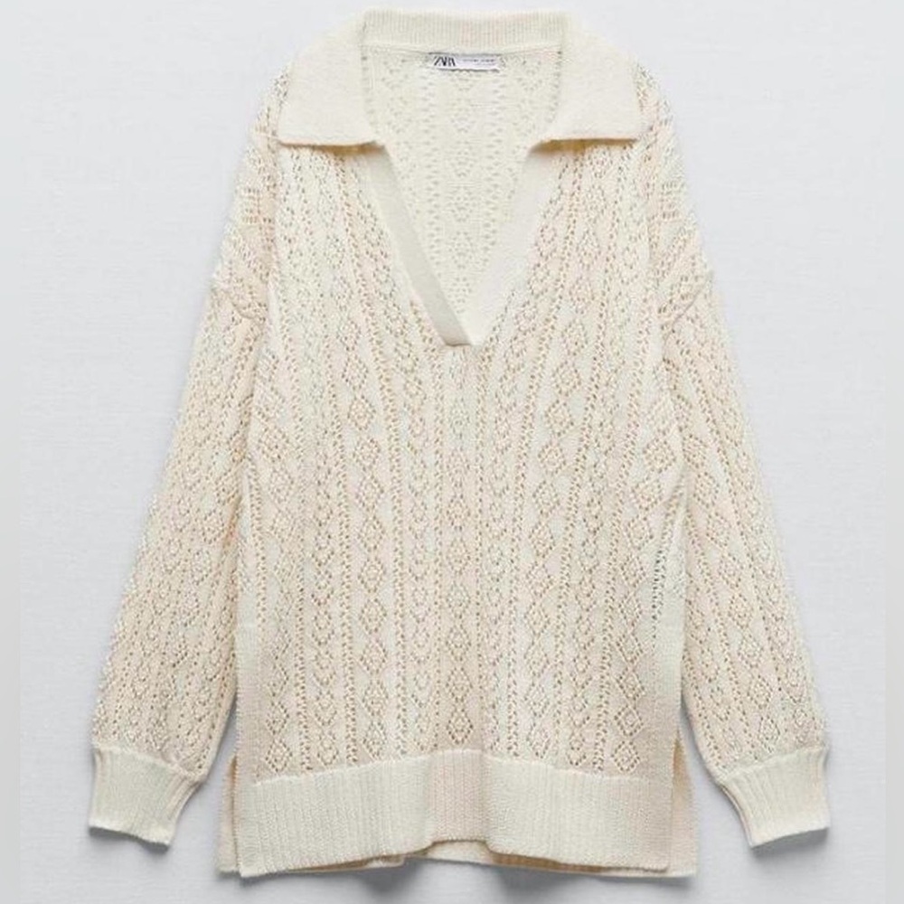 Zara Cream Pointelle Knit Polo Sweater